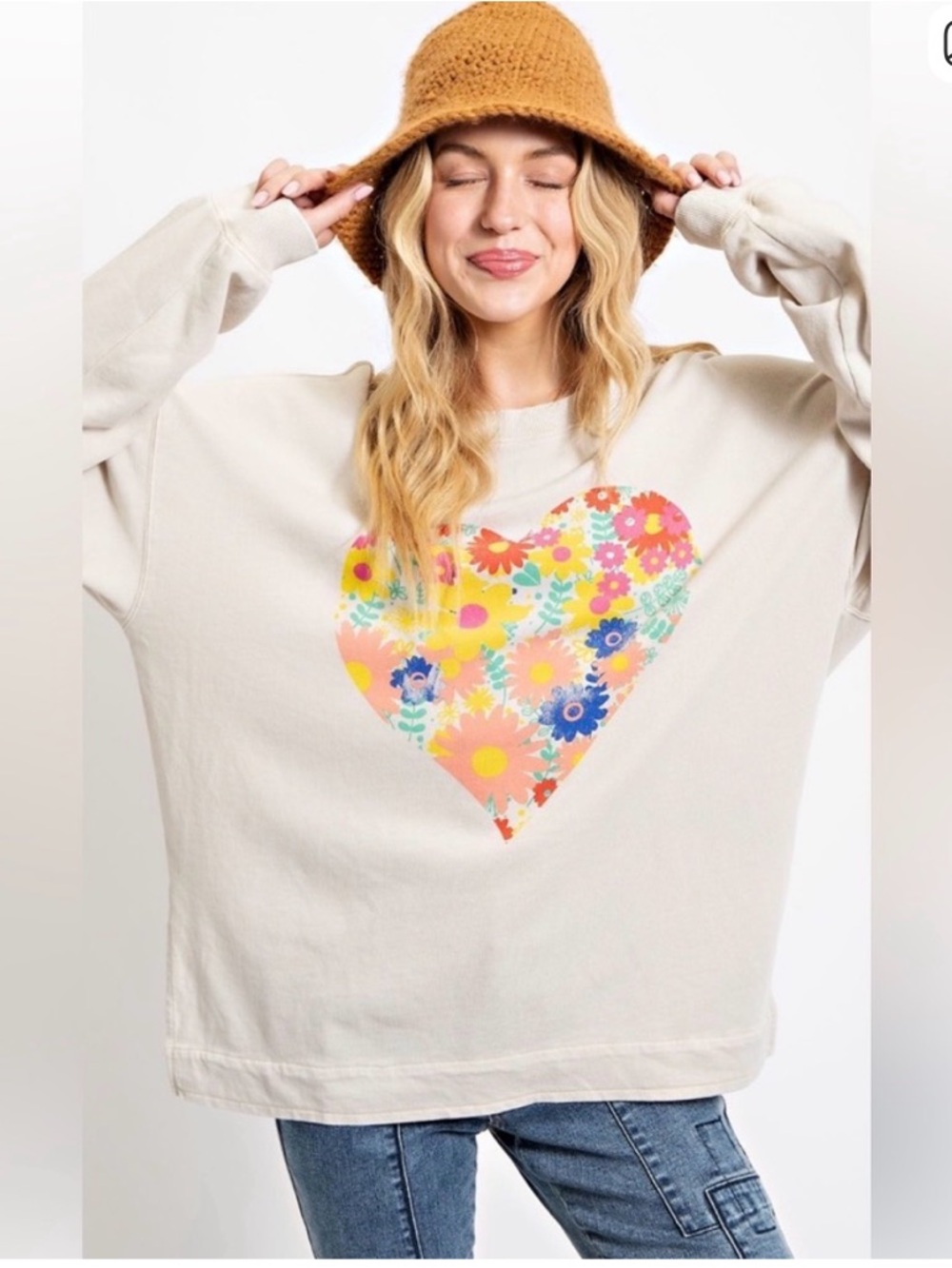 Easel Cream Floral Heart Sweatshirt with Colorful Print…Oversized